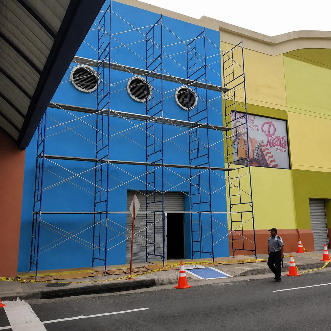 Andamios montados en la fachada del Albrook Mall en Ciudad de Panamá
