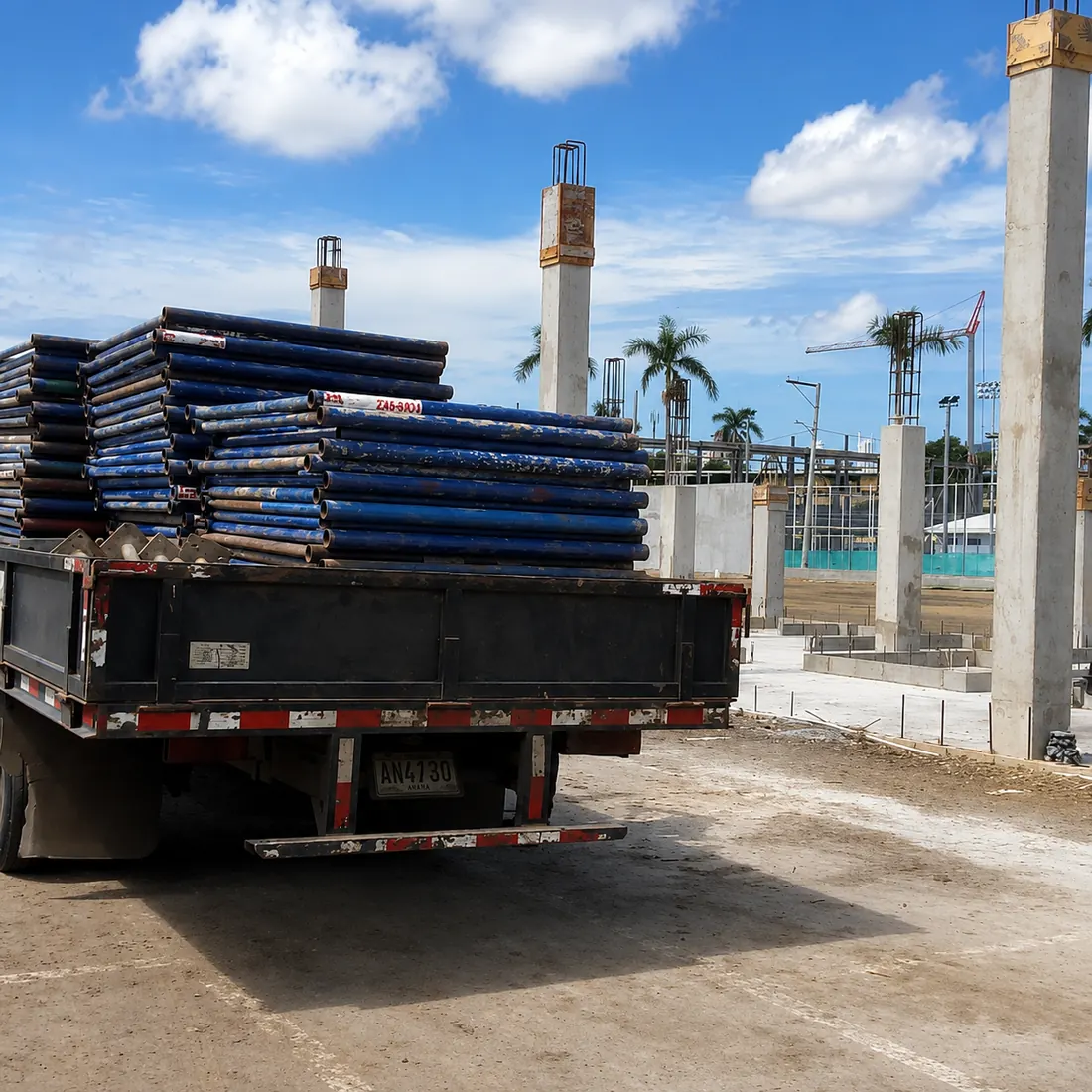 Transporte de andamios para la construcción de un complejo deportivo
