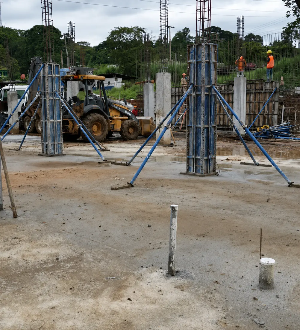 Armado y apuntalamiento de columnas antes del vaciado de concreto