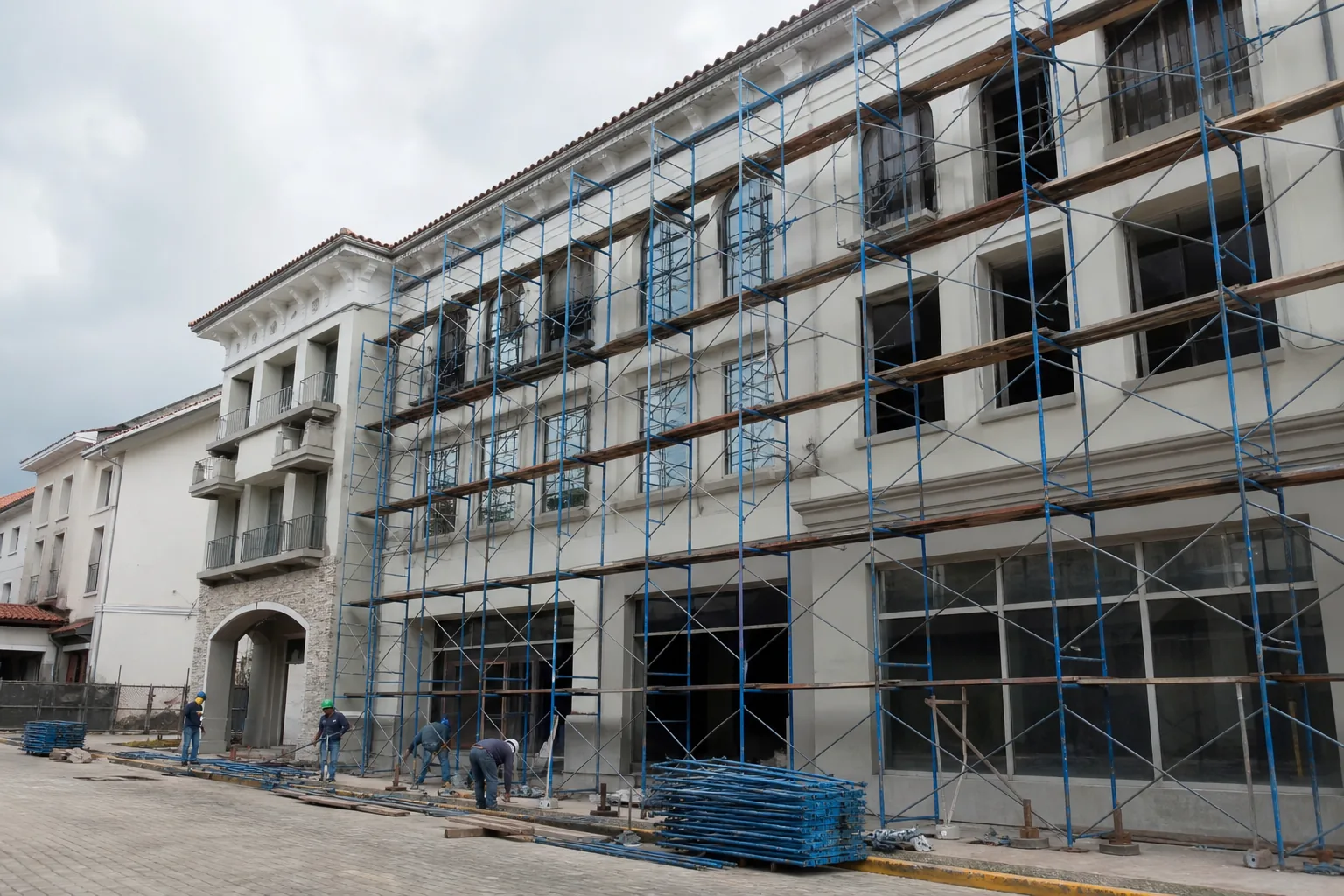 Edificio clásico con andamios azules durante su restauración