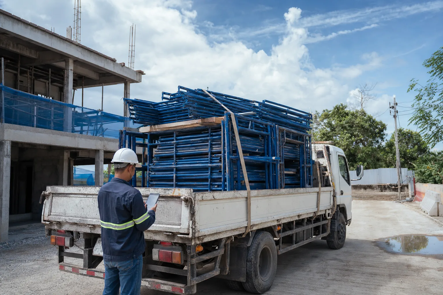 Camión cargado de andamios listo para salir a obra